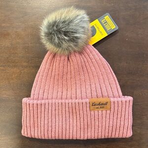 Carhartt Pink Knit Beanie with Faux Fur Pom-Pom